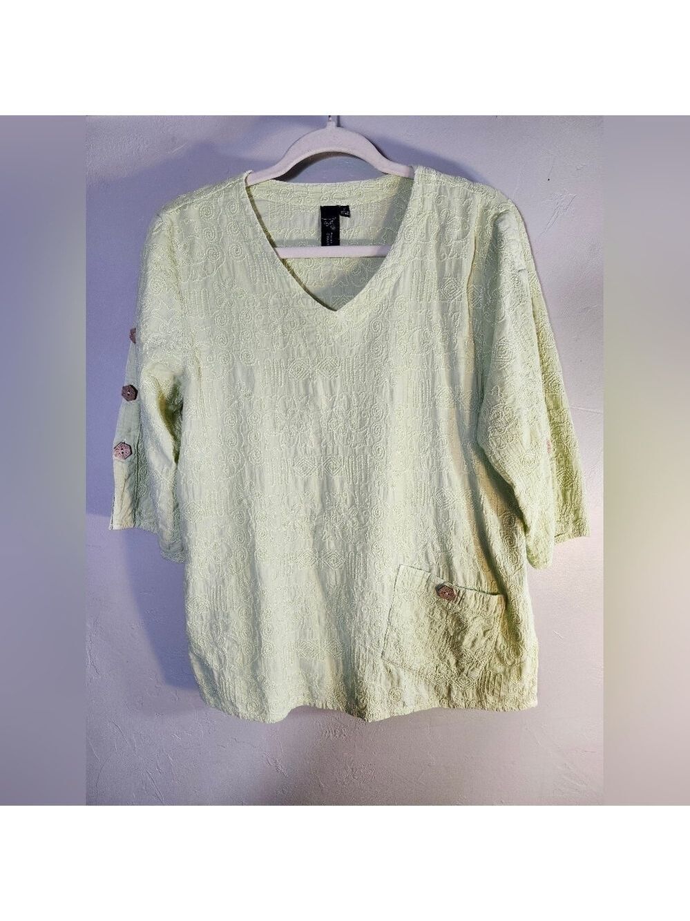 Focus Embroidered Green V-Neck Top 100% Cotton 3/4 Sleeves‎ One Pocket Top Sz S